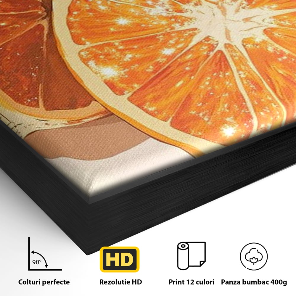 Detaliu al suprafetei: ilustratie digitala cu felii de portocala si globuri disco, in rama de aluminiu negru